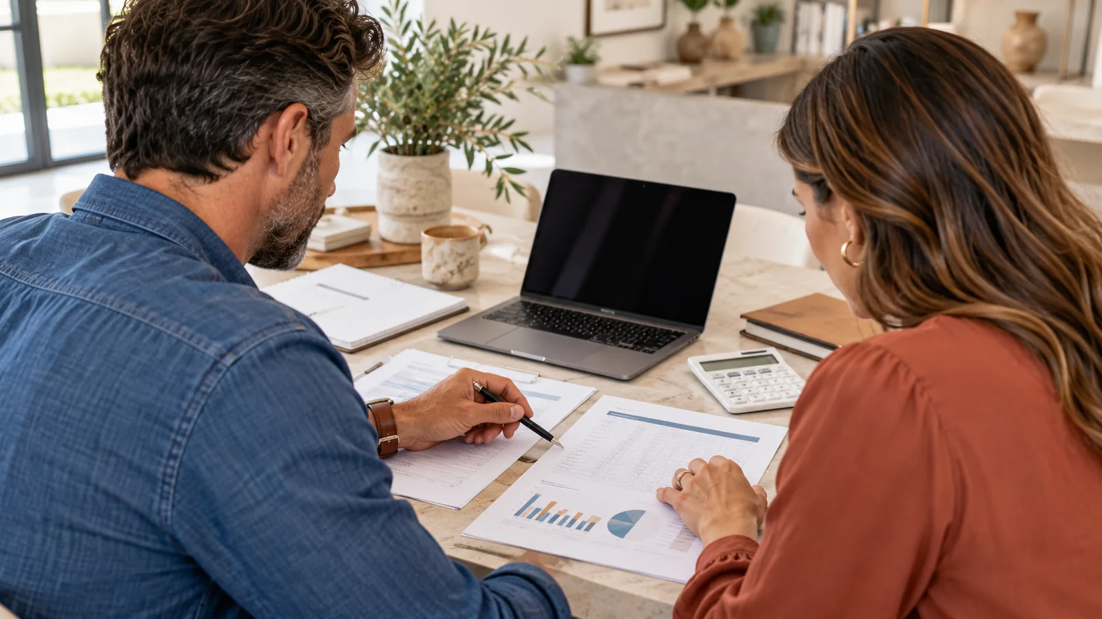 Accountant reviews worksheets with an owner